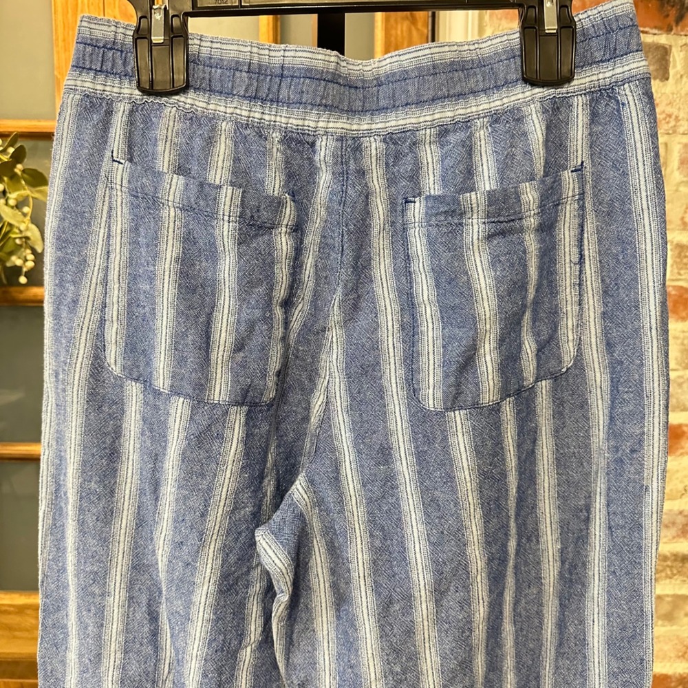 Old Navy Pants Women M Blue Striped Linen Blend High Rise Wide Leg Comfort Waist - Picture 7 of 8